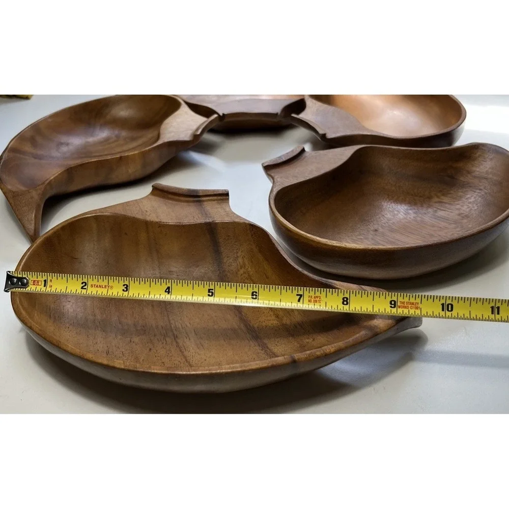 Vintage Mcm Monkeypod Wood Interlocking Leaf Serving Bowl Set Five Tiki Lazy Sus